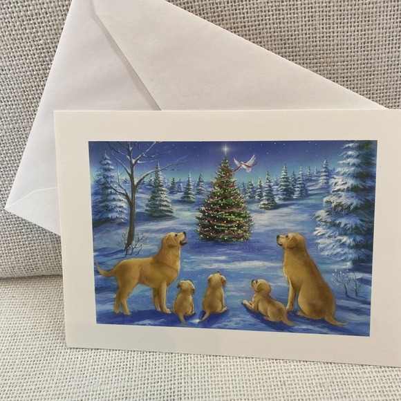 Dog Family with Tree Christmas Night Holiday Season Blessing Greeting Card - Picture 1 of 6